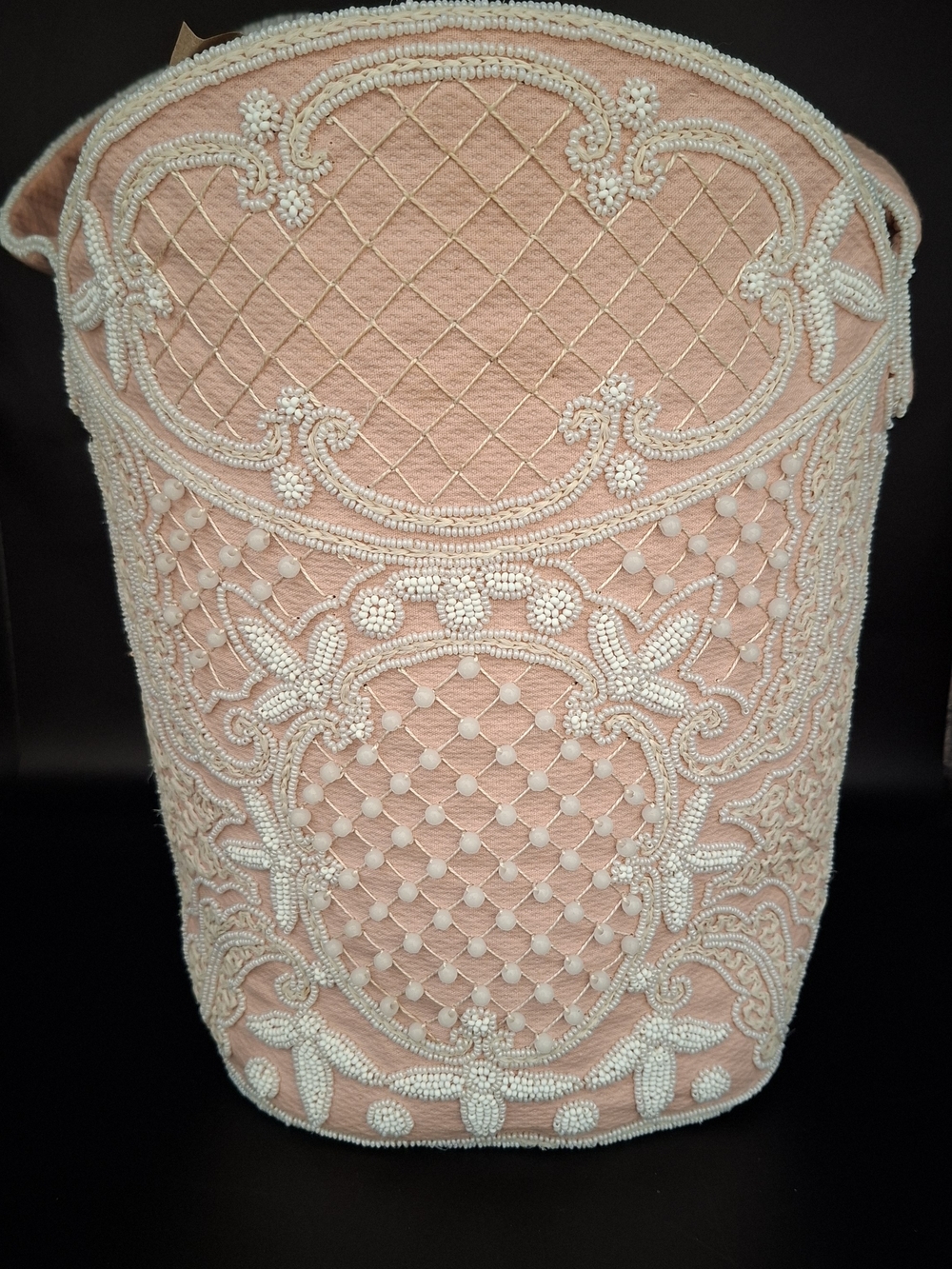 Made In France Vintage Beaded And Needle Work Handbag With Delicate Pink Backrou